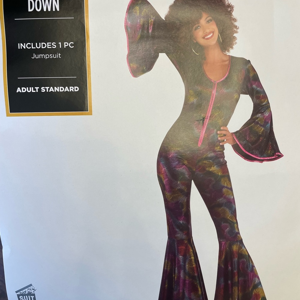 Boogie Down 70s Disco Diva Costume Jumpsuit Psychedelic Colorful Halloween NEW - Picture 2 of 4